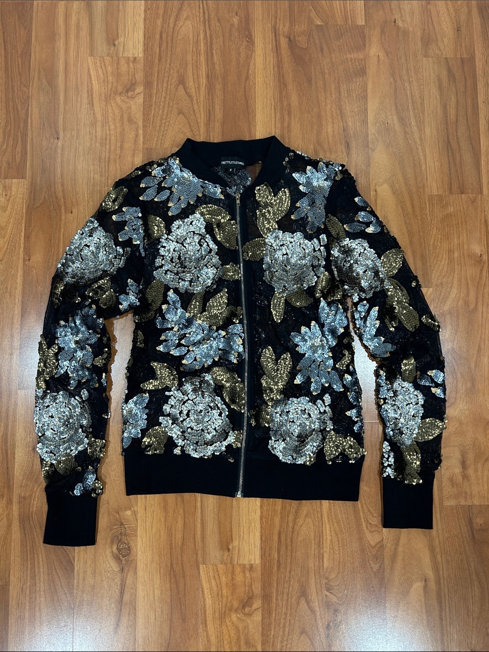 Embellished Sequin Floral Bomber Jacket - Black/Silver/Gold